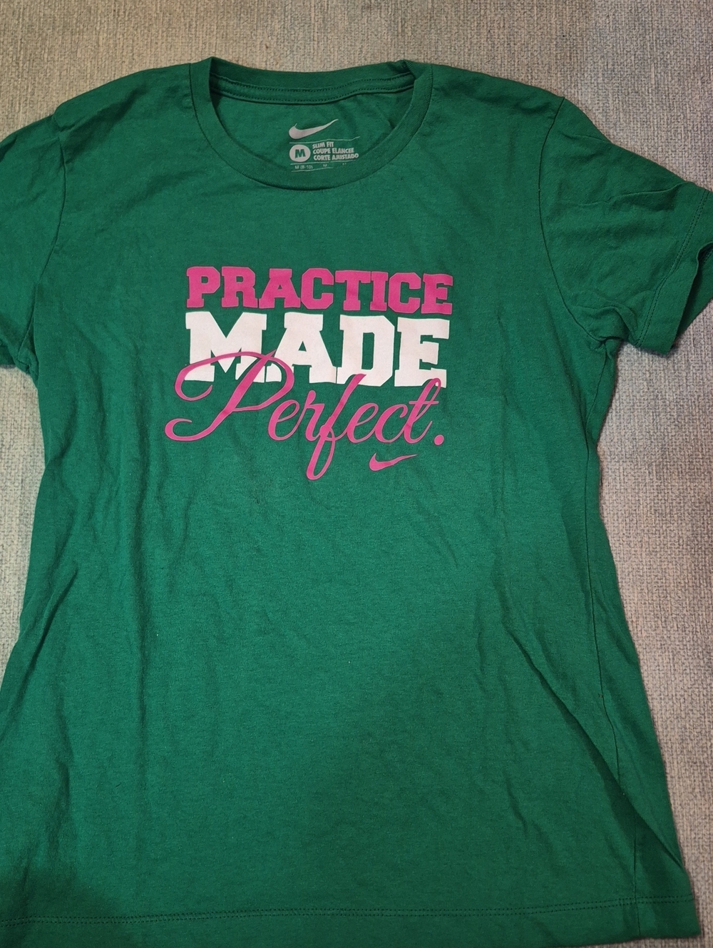 Nike Women's Green Short Sleeve Tee with Pink & White Graphic